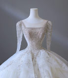 Elegant Glittering Square Neck Long Sleeve Tulle Floor Length Wedding Dress HZ1022