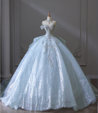 Dreamy Blue Off-the-shoulder Shiny Sequined Rhinestone Tulle Floor-length Wedding Dress HZ1022