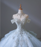 Dreamy Blue Off-the-shoulder Shiny Sequined Rhinestone Tulle Floor-length Wedding Dress HZ1022