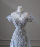 Shiny Blue Mermaid Rhinestone Lace Tulle Wedding Dress with Train HZ1022