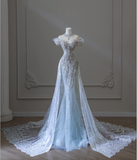 Shiny Blue Mermaid Rhinestone Lace Tulle Wedding Dress with Train HZ1022