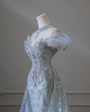Shiny Blue Mermaid Rhinestone Lace Tulle Wedding Dress with Train HZ1022