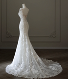 Elegant White Lace Round Neck Sleeveless Tulle Mermaid Wedding Dress HZ1022