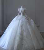French Palace Luxury White Long Sleeve Sequined Tulle Floor-Length Wedding Dress HZ1022