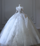 French Palace Luxury White Long Sleeve Sequined Tulle Floor-Length Wedding Dress HZ1022