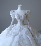French Palace Luxury White Long Sleeve Sequined Tulle Floor-Length Wedding Dress HZ1022