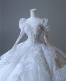 French Palace Luxury White Long Sleeve Sequined Tulle Floor-Length Wedding Dress HZ1022