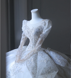 French Palace Luxury White Long Sleeve Sequined Tulle Floor-Length Wedding Dress HZ1022
