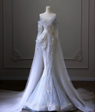 Blue Luxury Sequin Beaded Mermaid Tulle Wedding Dress with Train HZ1022