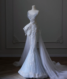 Blue Luxury Sequin Beaded Mermaid Tulle Wedding Dress with Train HZ1022