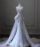 Blue Luxury Sequin Beaded Mermaid Tulle Wedding Dress with Train HZ1022