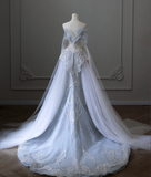 Blue Luxury Sequin Beaded Mermaid Tulle Wedding Dress with Train HZ1022