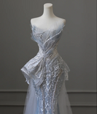 Blue Luxury Sequin Beaded Mermaid Tulle Wedding Dress with Train HZ1022