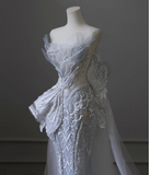 Blue Luxury Sequin Beaded Mermaid Tulle Wedding Dress with Train HZ1022