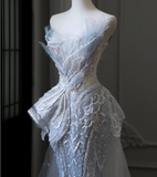 Blue Luxury Sequin Beaded Mermaid Tulle Wedding Dress with Train HZ1022