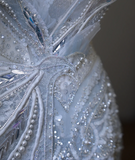 Blue Luxury Sequin Beaded Mermaid Tulle Wedding Dress with Train HZ1022