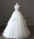 Simple and elegant white sweetheart neckline satin tulle A-line floor-length wedding dress HZ1022