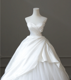 Simple and elegant white sweetheart neckline satin tulle A-line floor-length wedding dress HZ1022