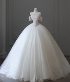 Elegant White Off-the-shoulder Beaded Tulle A-line Floor-length Wedding Dress HZ1022