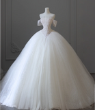 Elegant White Off-the-shoulder Beaded Tulle A-line Floor-length Wedding Dress HZ1022
