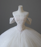 Elegant White Off-the-shoulder Beaded Tulle A-line Floor-length Wedding Dress HZ1022