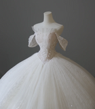 Elegant White Off-the-shoulder Beaded Tulle A-line Floor-length Wedding Dress HZ1022