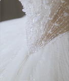 Elegant White Off-the-shoulder Beaded Tulle A-line Floor-length Wedding Dress HZ1022