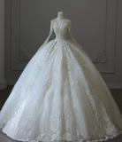 Vintage V-neck lace long sleeve tulle A-line floor-length wedding dress HZ1022
