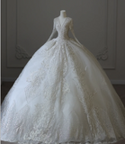 Vintage V-neck lace long sleeve tulle A-line floor-length wedding dress HZ1022