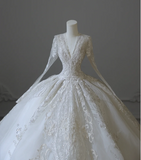 Vintage V-neck lace long sleeve tulle A-line floor-length wedding dress HZ1022
