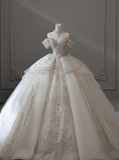 Luxury French court retro off-shoulder beaded tulle floor-length wedding dress HZ1022
