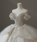 Luxury French court retro off-shoulder beaded tulle floor-length wedding dress HZ1022
