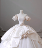Elegant Satin 3D Flower Off Shoulder Tulle Floor Length Wedding Dress HZ1022