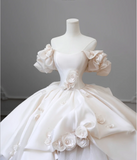 Elegant Satin 3D Flower Off Shoulder Tulle Floor Length Wedding Dress HZ1022
