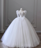 Vintage Tulle Long Sleeve Round Neck A-Line Floor-Length Wedding Dress HZ1022