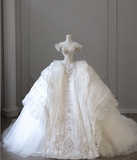 Luxury Castle White Off-the-shoulder Beaded Tulle Floor-length Wedding Dress HZ1022