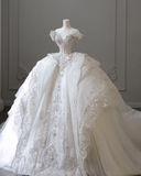 Luxury Castle White Off-the-shoulder Beaded Tulle Floor-length Wedding Dress HZ1022