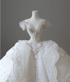 Luxury Castle White Off-the-shoulder Beaded Tulle Floor-length Wedding Dress HZ1022