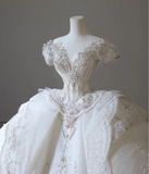 Luxury Castle White Off-the-shoulder Beaded Tulle Floor-length Wedding Dress HZ1022