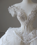 Luxury Castle White Off-the-shoulder Beaded Tulle Floor-length Wedding Dress HZ1022