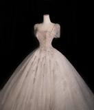 Round Neck Short Sleeve Tulle A-Line Wedding Dress with Glittering Stars HZ1022