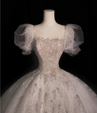 Round Neck Short Sleeve Tulle A-Line Wedding Dress with Glittering Stars HZ1022