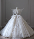 Chic Dreamy Butterfly Long Sleeve Tulle Beaded Floor-Length Princess Wedding Dress HZ1022