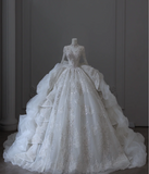 French Palace V-neck long-sleeved dreamy and shiny floor-length wedding dress HZ1022