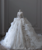 French Palace V-neck long-sleeved dreamy and shiny floor-length wedding dress HZ1022
