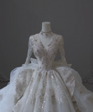 French Palace V-neck long-sleeved dreamy and shiny floor-length wedding dress HZ1022