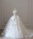 Elegant White Strapless Bowknot Tulle A-Line Floor-Length Wedding Dress HZ1022