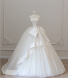 Elegant White Strapless Bowknot Tulle A-Line Floor-Length Wedding Dress HZ1022