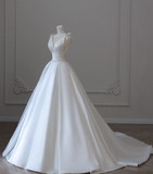 Simple White V-Neck Sleeveless Waisted A-Line Satin Wedding Dress HZ1022