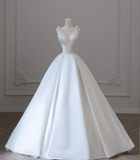 Simple White V-Neck Sleeveless Waisted A-Line Satin Wedding Dress HZ1022